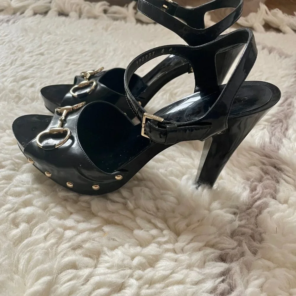 Gucci Sand Pelle Peep Toe S CUOIO Patent Leather Vernice Heels 38 - Picture 3 of 12